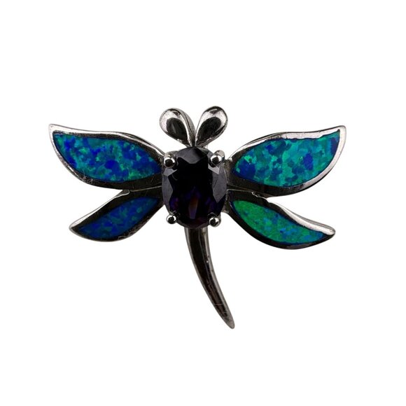 Sterling Silver Dragonfly Pin Brooch With Inlaid Blue Green Opal & Purple Stone - Picture 2 of 7